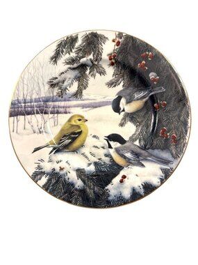 Lenox Winter Greetings Scenic 9.25" Plate Chickadee Goldfinch Gold Trim USA Made